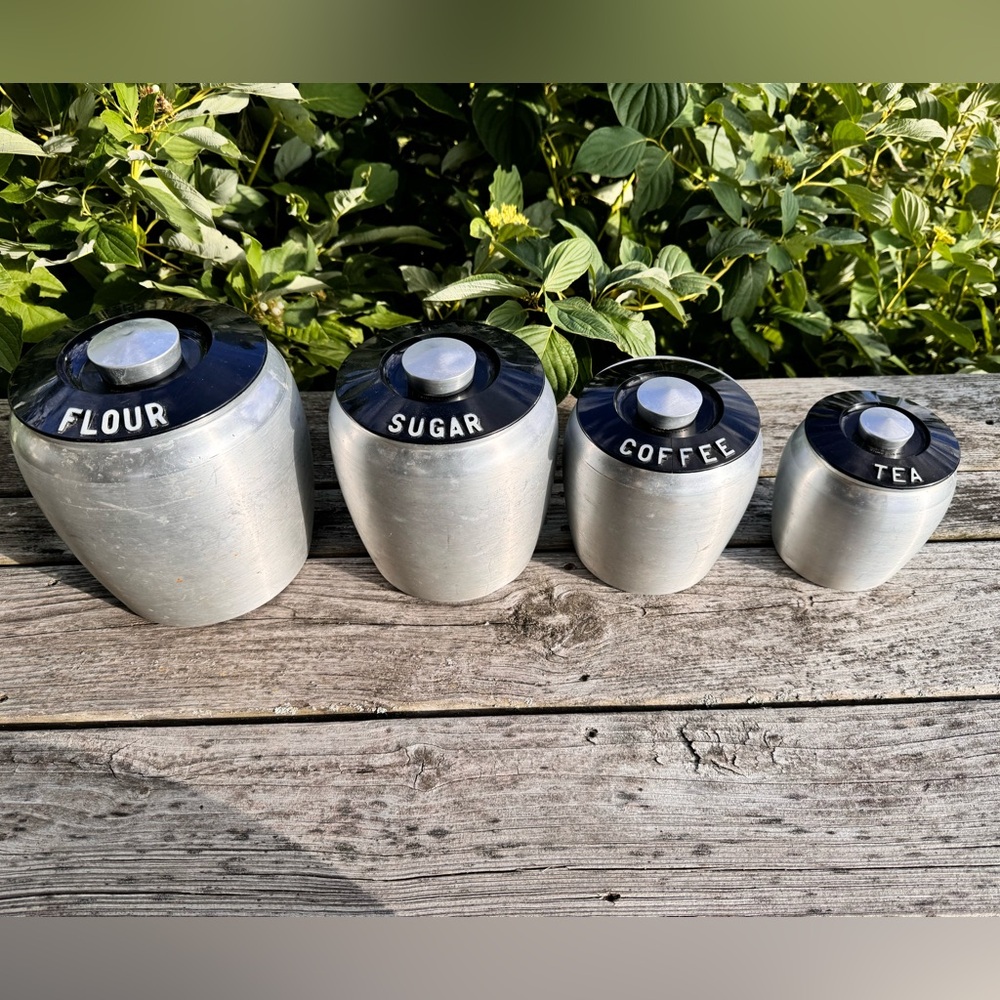 Vintage  Flour, Sugar, Coffee and Tea KROMEX Spun Aluminum Kitchen Cannisters